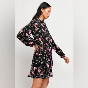 Free People Lighten Up Dress Floral on Black long sleeve with tie waist Sz XS